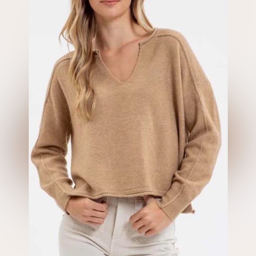 Women's Blu Pepper Tan V-neck Exposed Seam Sweater. Never worn! Size Small.